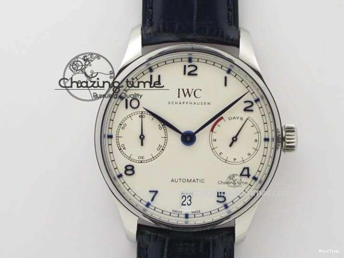 MIROTIME 0113 Portuguese IW5444 SS White Dial Blue Numbers On Blue Leather Strap A Modern 7258